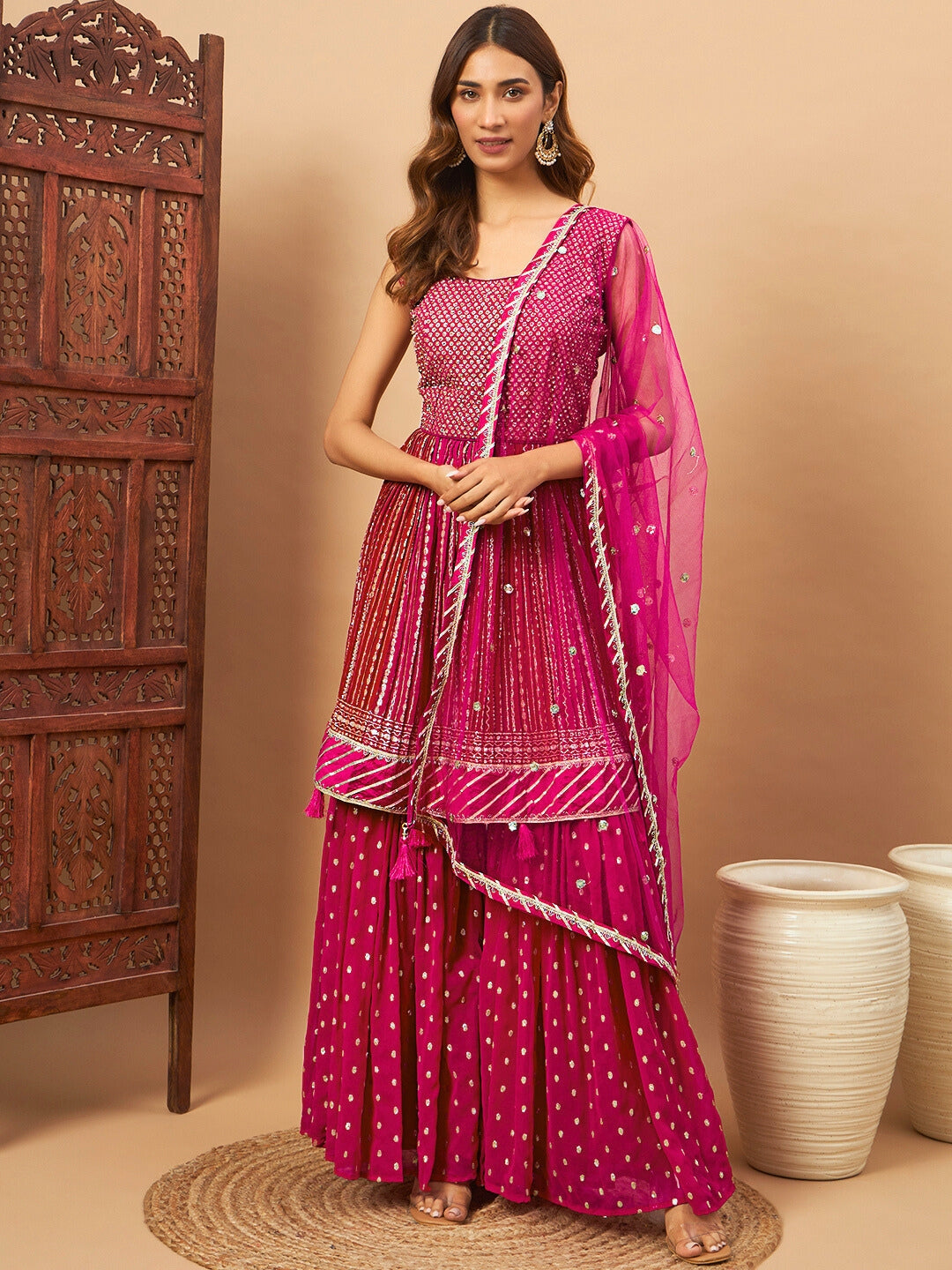 Peplum Georgette Kurta Sharara Set with Ombre Sequinned Kalis & Gota Patti Embroidery