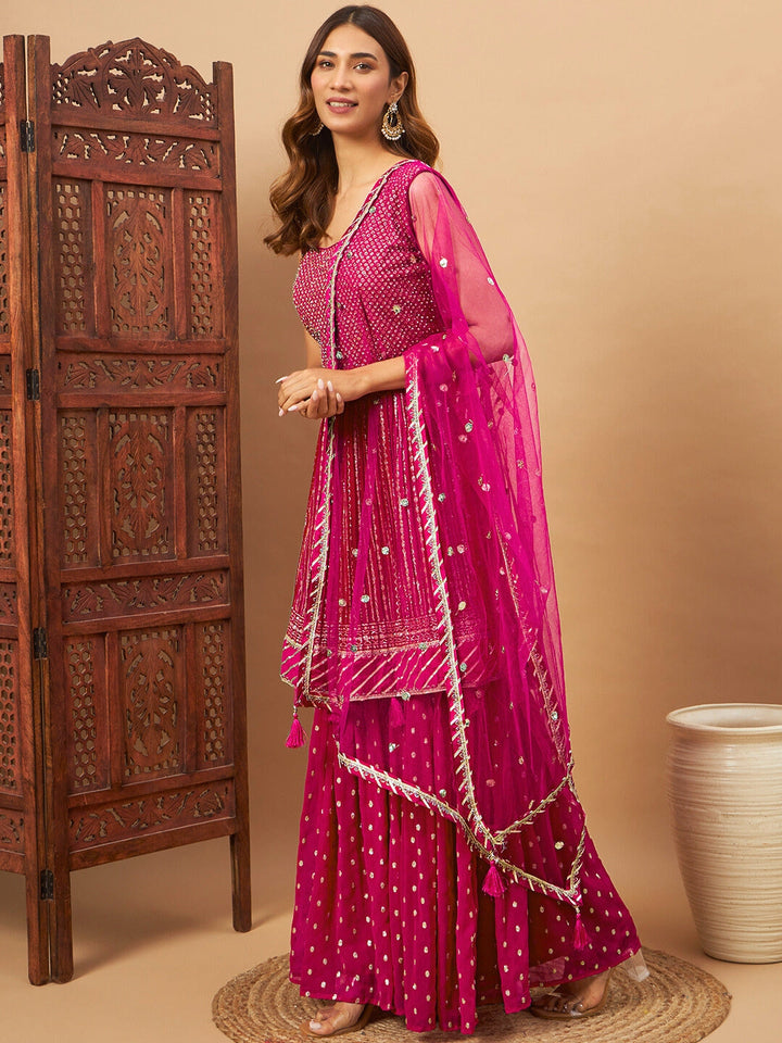 Peplum Georgette Kurta Sharara Set with Ombre Sequinned Kalis & Gota Patti Embroidery