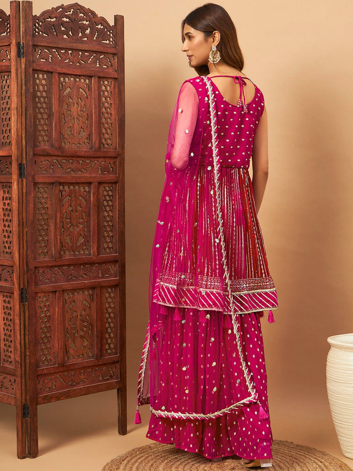 Peplum Georgette Kurta Sharara Set with Ombre Sequinned Kalis & Gota Patti Embroidery
