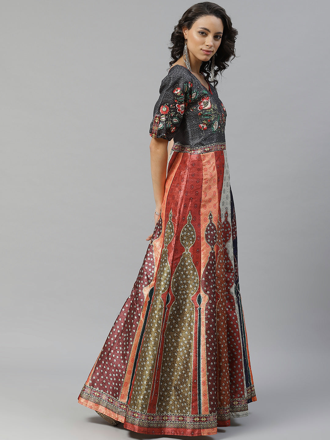 Made to Measure Bohemian Digital Printed Cocktail Embellished Gown with Net Dupatta