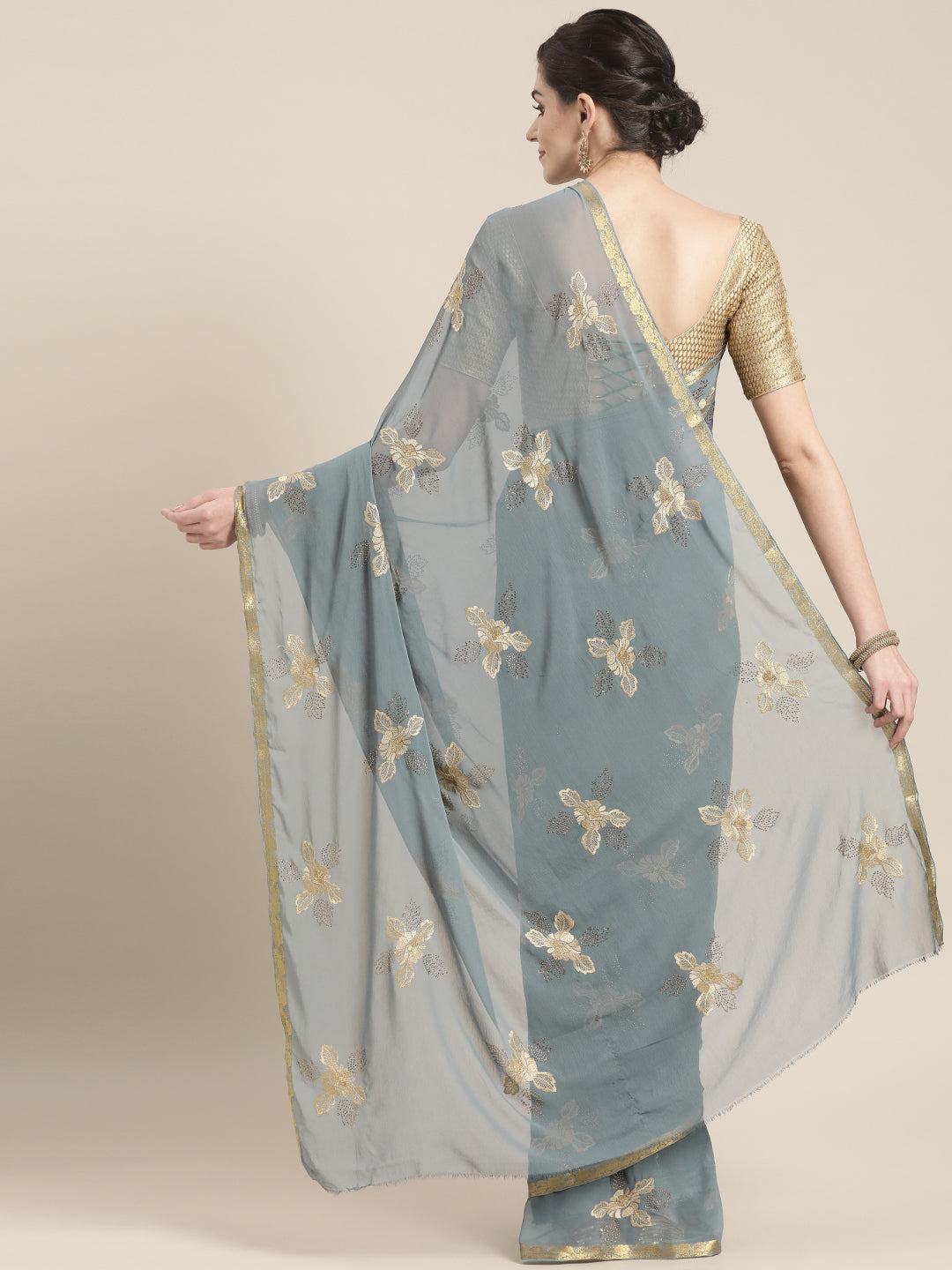 Chiffon Resham Embroidered Saree with Zari Border