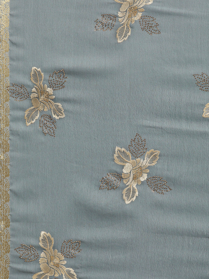 Chiffon Resham Embroidered Saree with Zari Border