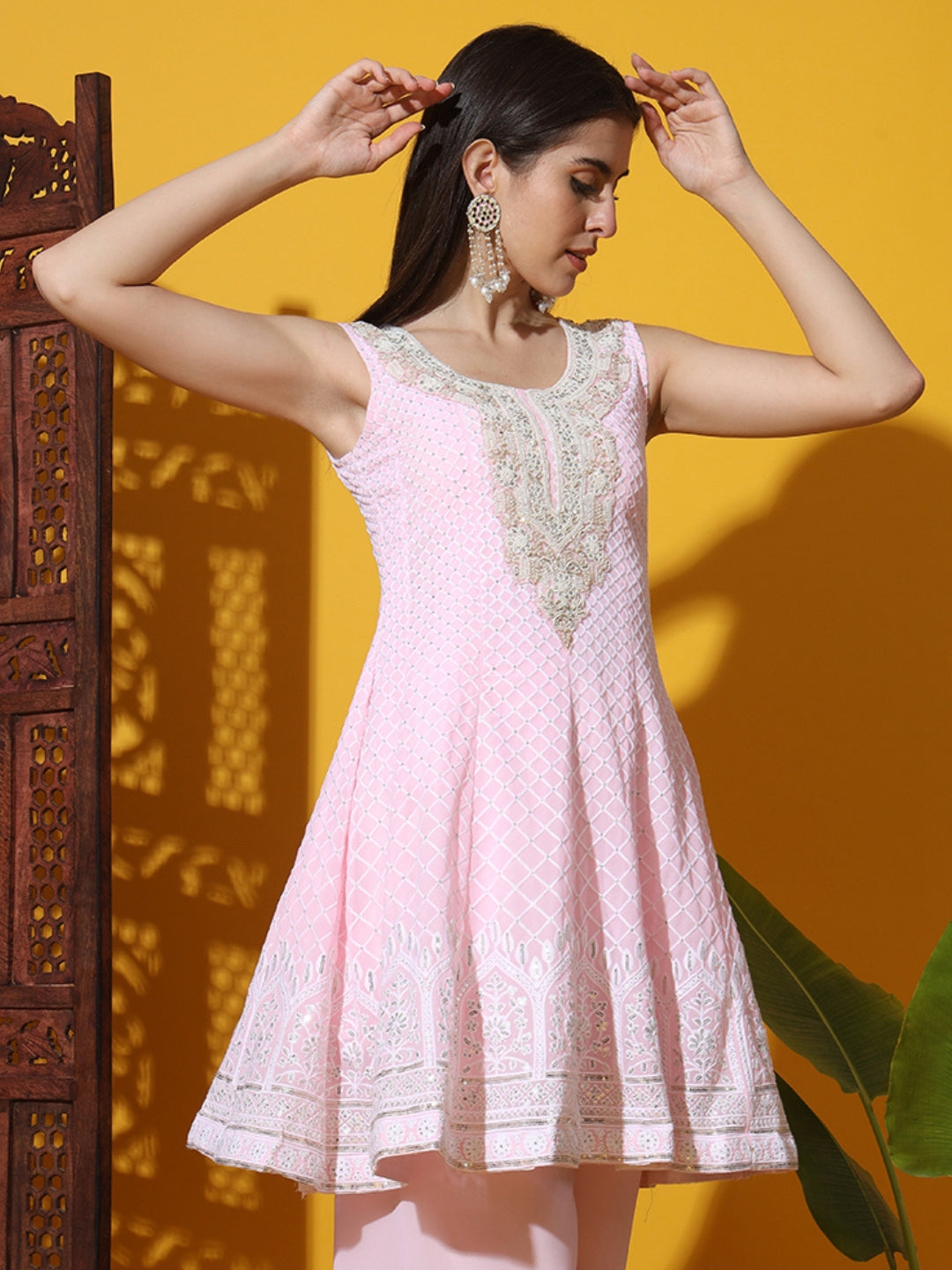 Pastel Peplum KaLidar Kurta Set with Pearl Bead Embellished Neckline