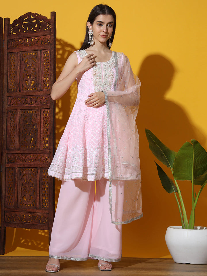 Pastel Peplum KaLidar Kurta Set with Pearl Bead Embellished Neckline