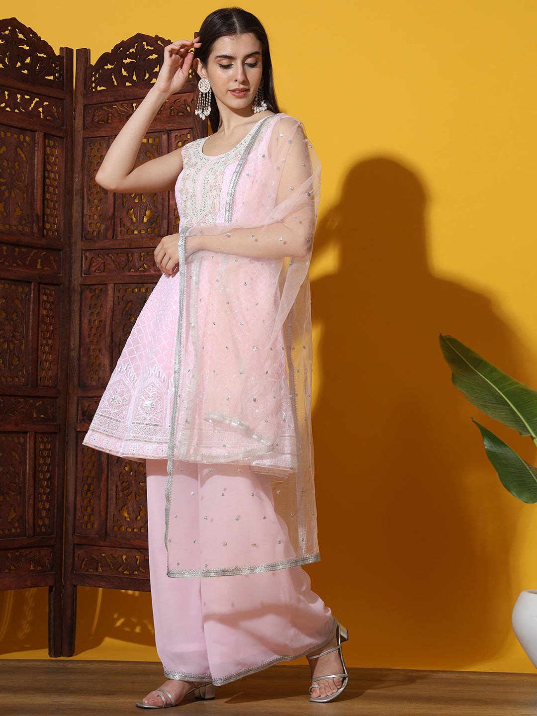 Pastel Peplum KaLidar Kurta Set with Pearl Bead Embellished Neckline