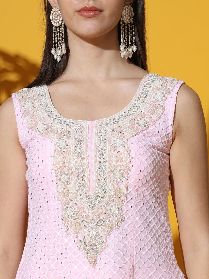 Pastel Peplum KaLidar Kurta Set with Pearl Bead Embellished Neckline