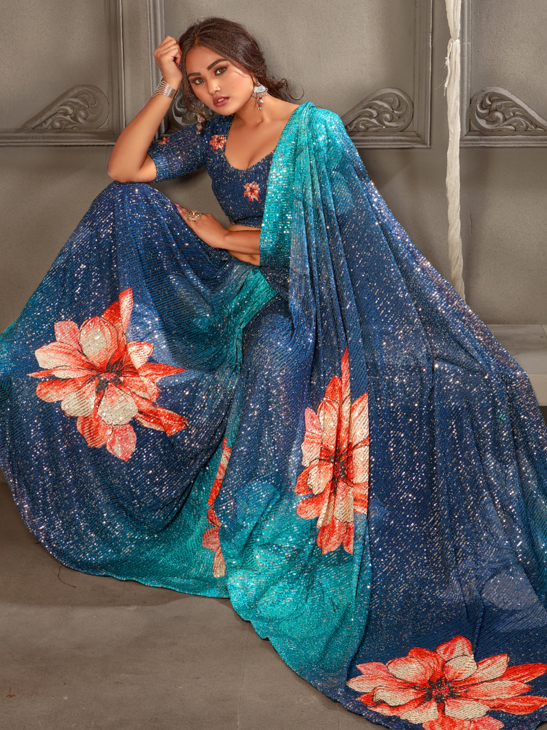 Sequin Embroidered Ombre Saree with Statement Floral Digital Prints