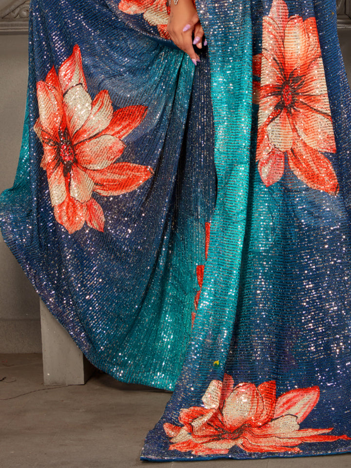Sequin Embroidered Ombre Saree with Statement Floral Digital Prints