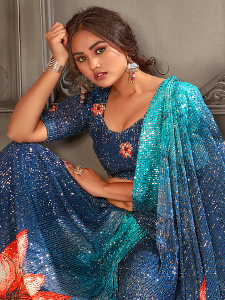 Sequin Embroidered Ombre Saree with Statement Floral Digital Prints