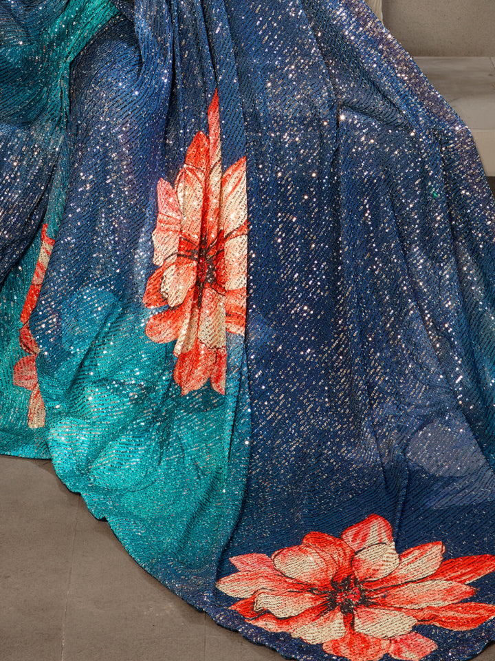 Sequin Embroidered Ombre Saree with Statement Floral Digital Prints