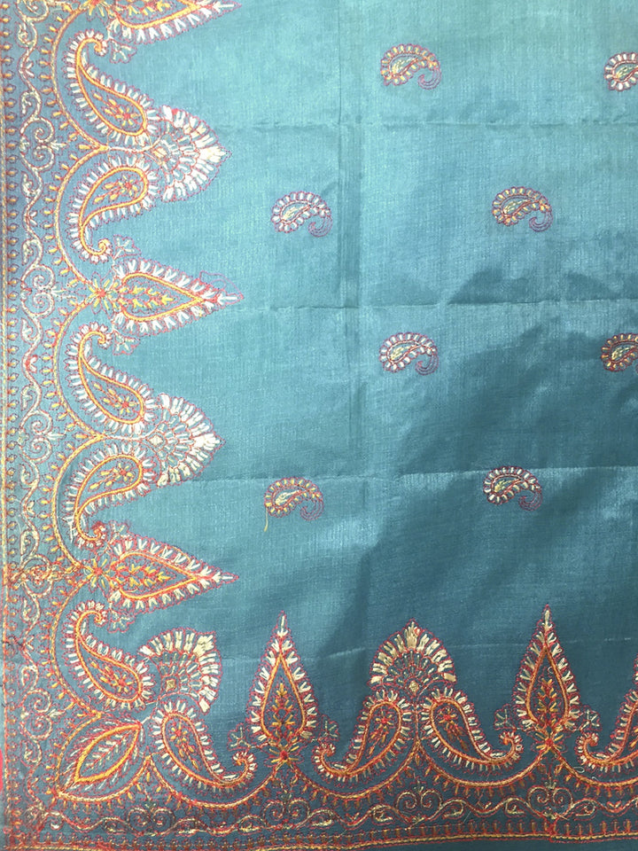 Peacock Blue Tussar Silk Embroidered Party Wear Saree