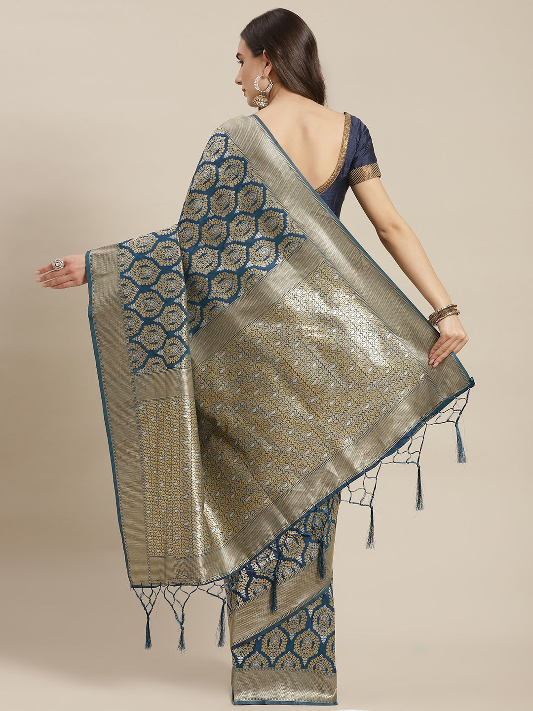 Blue Traditional Banarasi saree with Gold & Silver Zari Mughal motifs