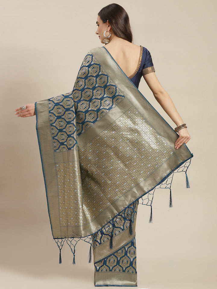 Blue Traditional Banarasi saree with Gold & Silver Zari Mughal motifs