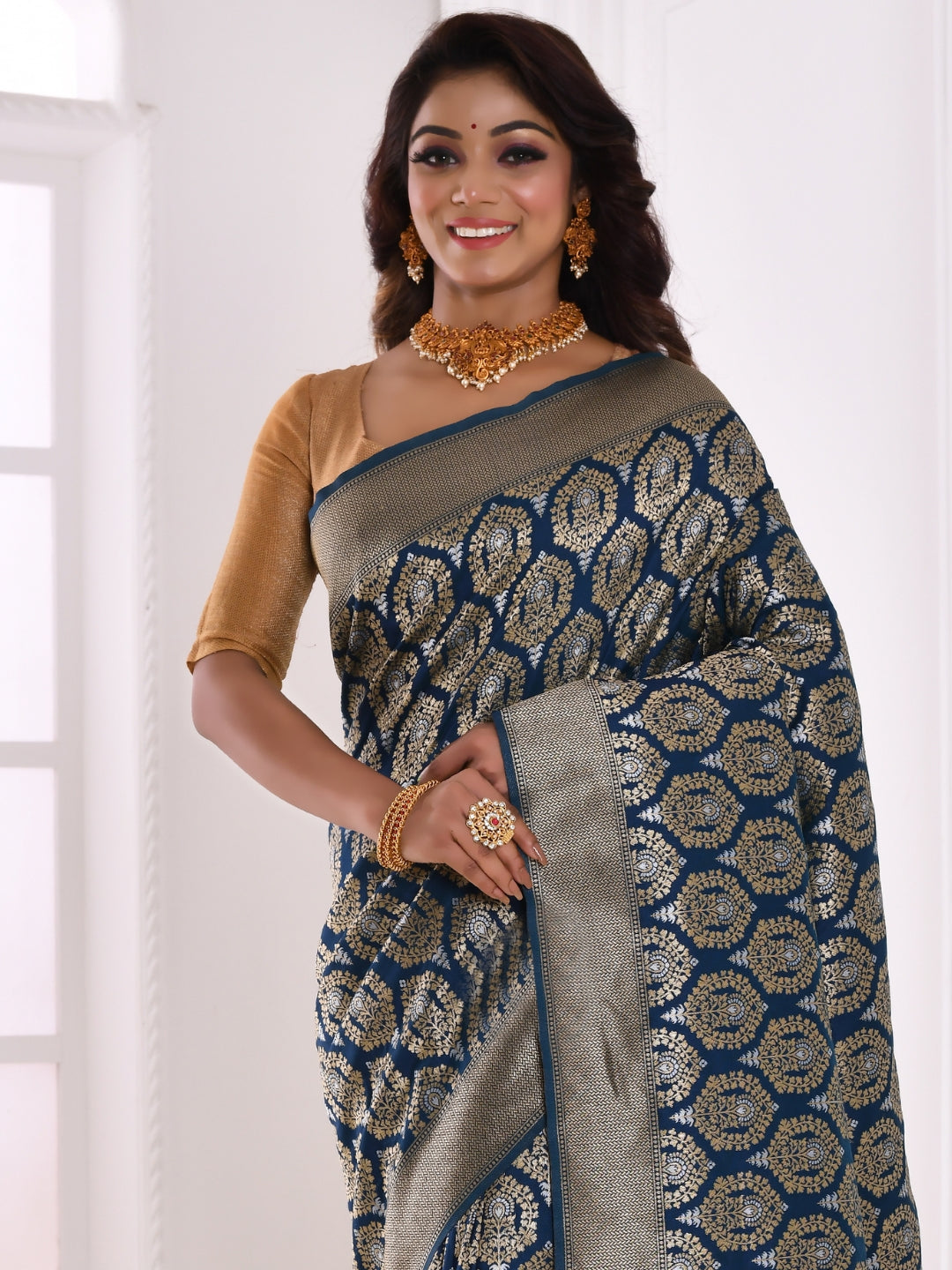 Blue & Gold Toned Ethnic Motifs Zari Silk Blend Banarasi Saree