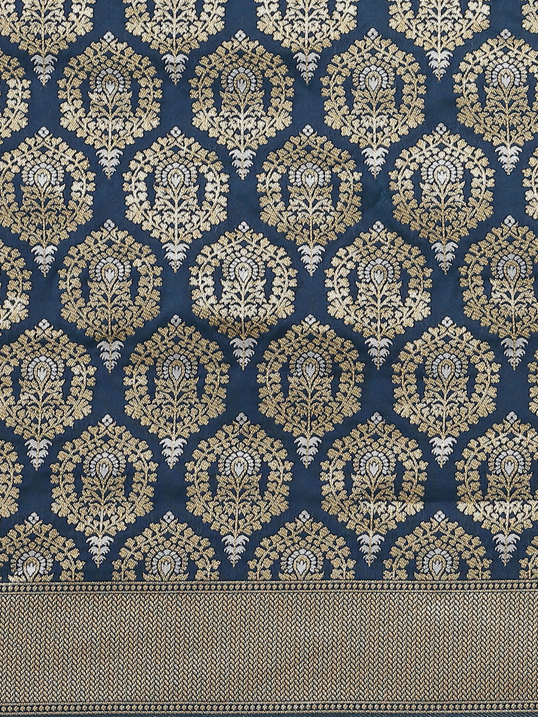 Blue Traditional Banarasi saree with Gold & Silver Zari Mughal motifs