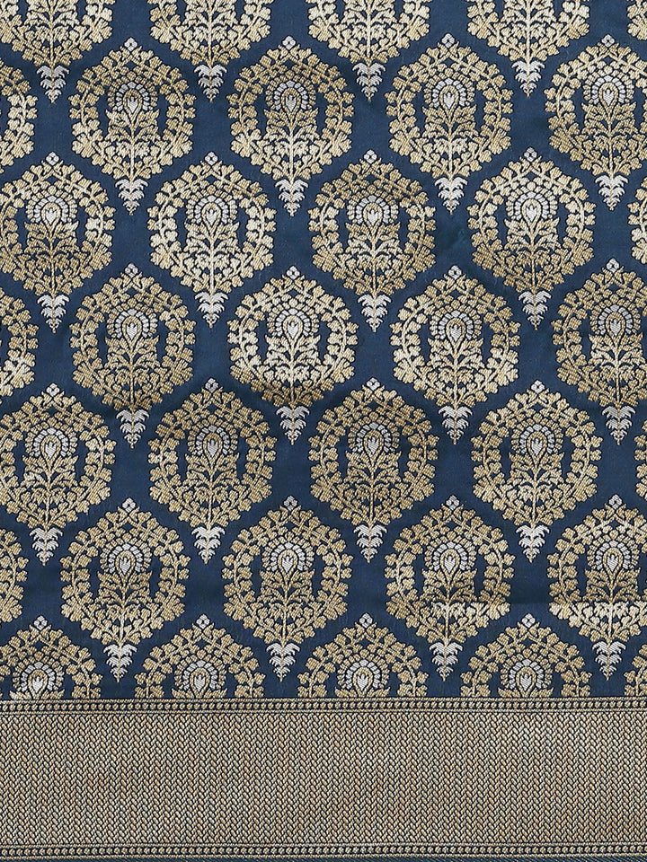 Blue Traditional Banarasi saree with Gold & Silver Zari Mughal motifs