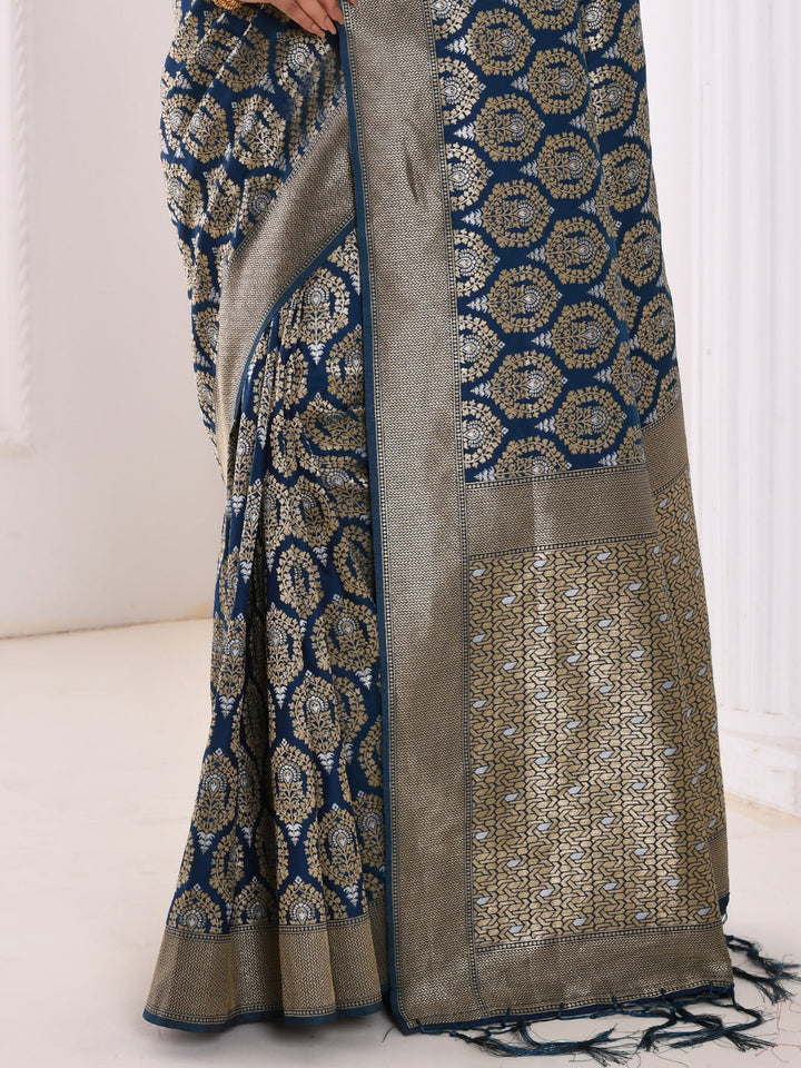Blue & Gold Toned Ethnic Motifs Zari Silk Blend Banarasi Saree