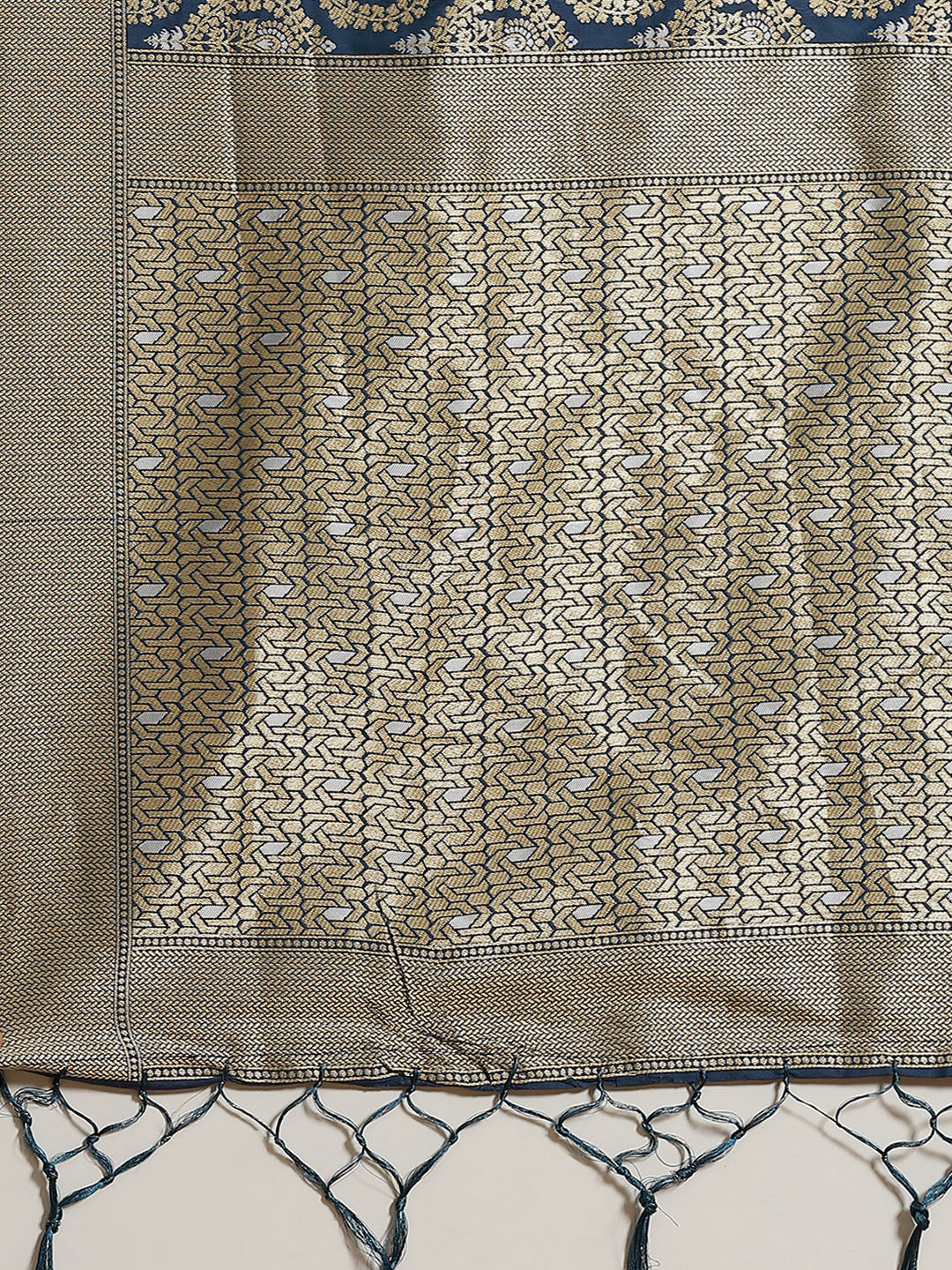 Blue Traditional Banarasi saree with Gold & Silver Zari Mughal motifs
