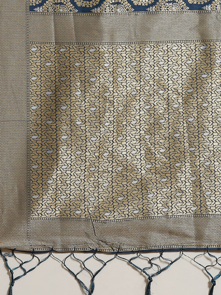 Blue Traditional Banarasi saree with Gold & Silver Zari Mughal motifs