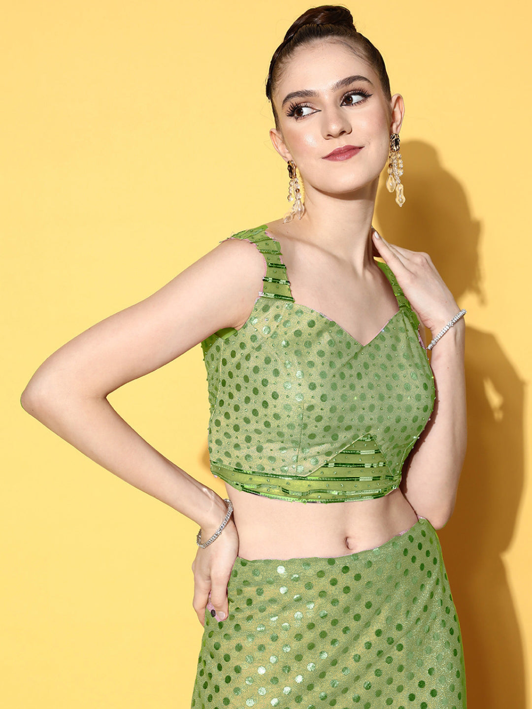 Green Draped Lycra Saree With Beautiful Silver & Applique Work