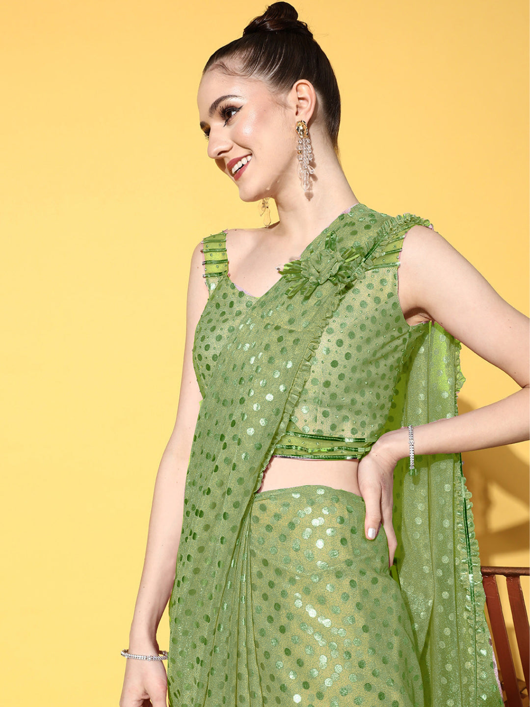 Green Draped Lycra Saree With Beautiful Silver & Applique Work