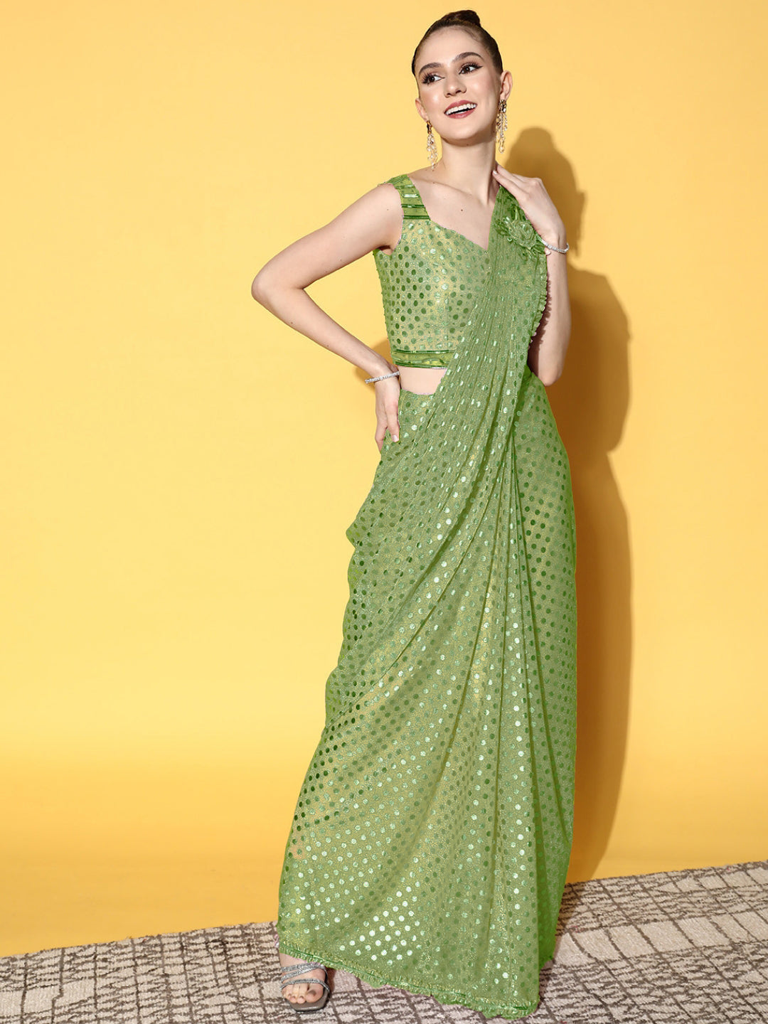 Green Draped Lycra Saree With Beautiful Silver & Applique Work