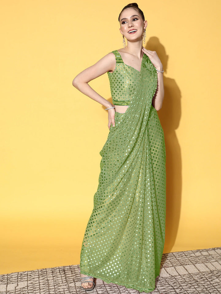 Green Draped Lycra Saree With Beautiful Silver & Applique Work