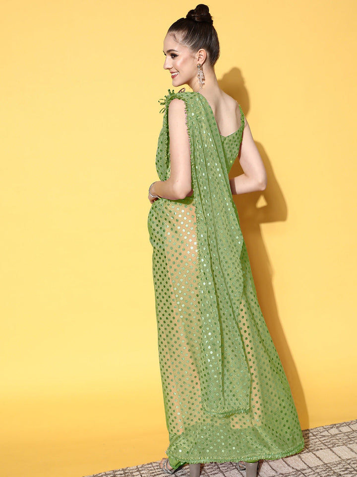 Green Draped Lycra Saree With Beautiful Silver & Applique Work