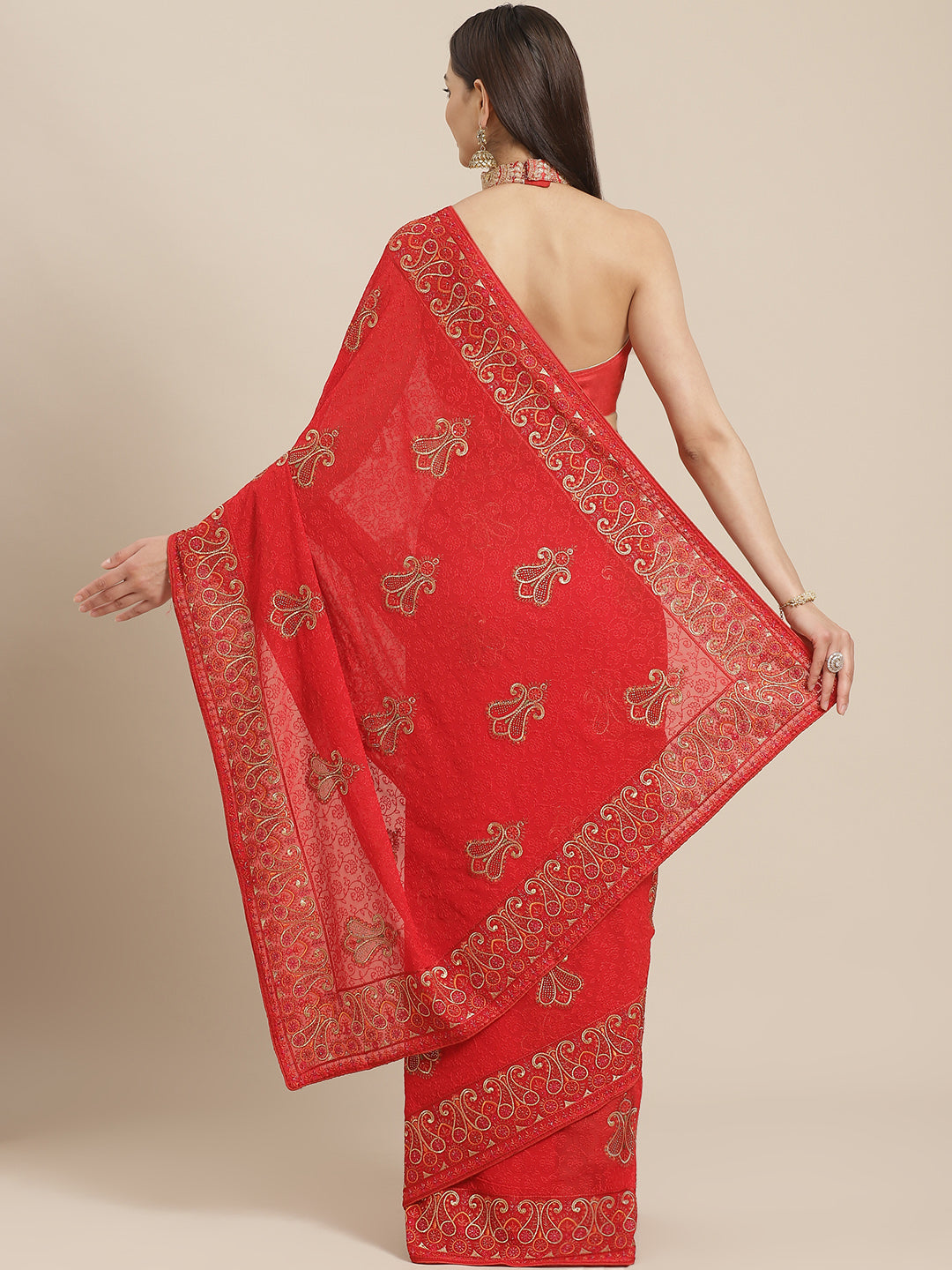 Red Georgette Heavy Resham Embroidery Saree With Gold Intricate Paisley Motifs & Swarovski Crystals
