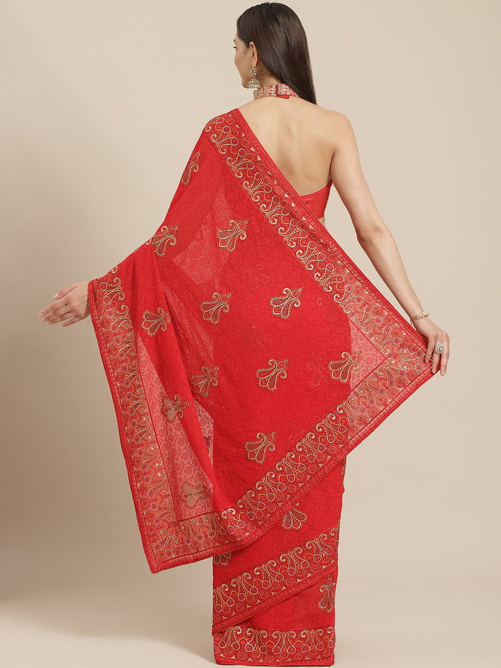Red Georgette Heavy Resham Embroidery Saree With Gold Intricate Paisley Motifs & Swarovski Crystals