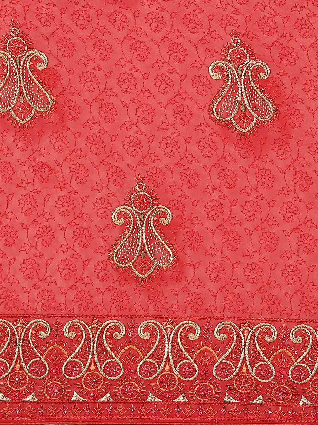 Red Georgette Heavy Resham Embroidery Saree With Gold Intricate Paisley Motifs & Swarovski Crystals