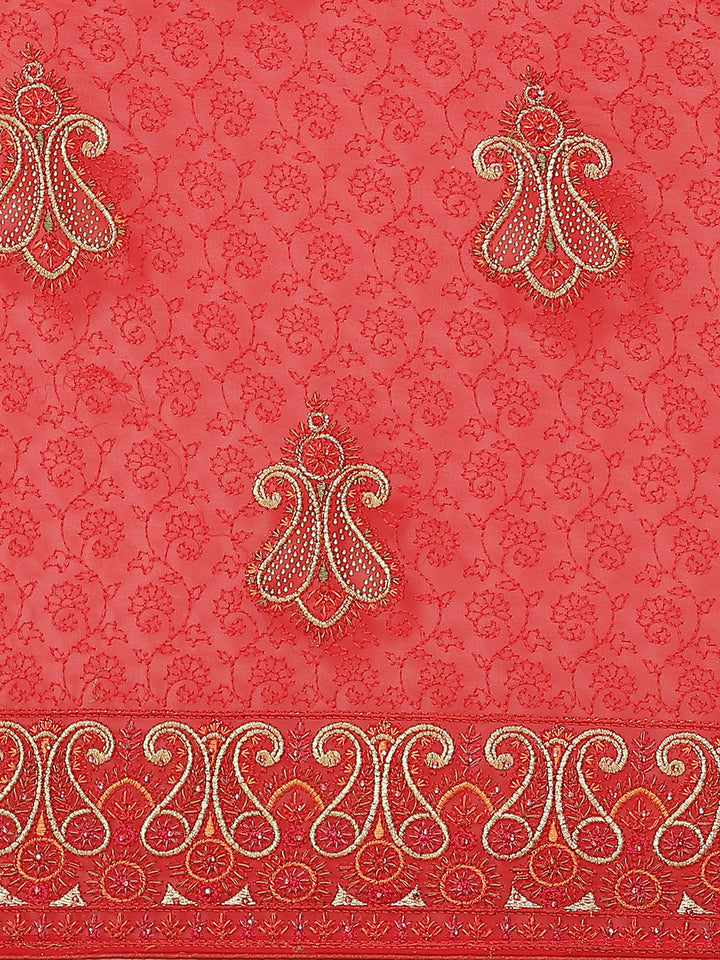 Red Georgette Heavy Resham Embroidery Saree With Gold Intricate Paisley Motifs & Swarovski Crystals