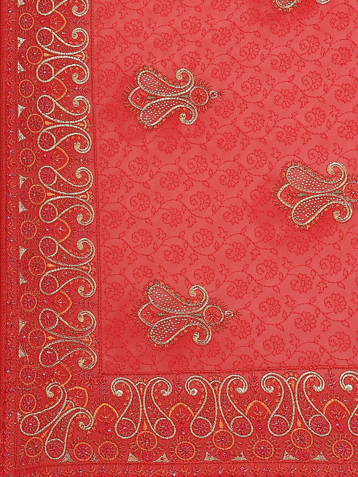Red Georgette Heavy Resham Embroidery Saree With Gold Intricate Paisley Motifs & Swarovski Crystals