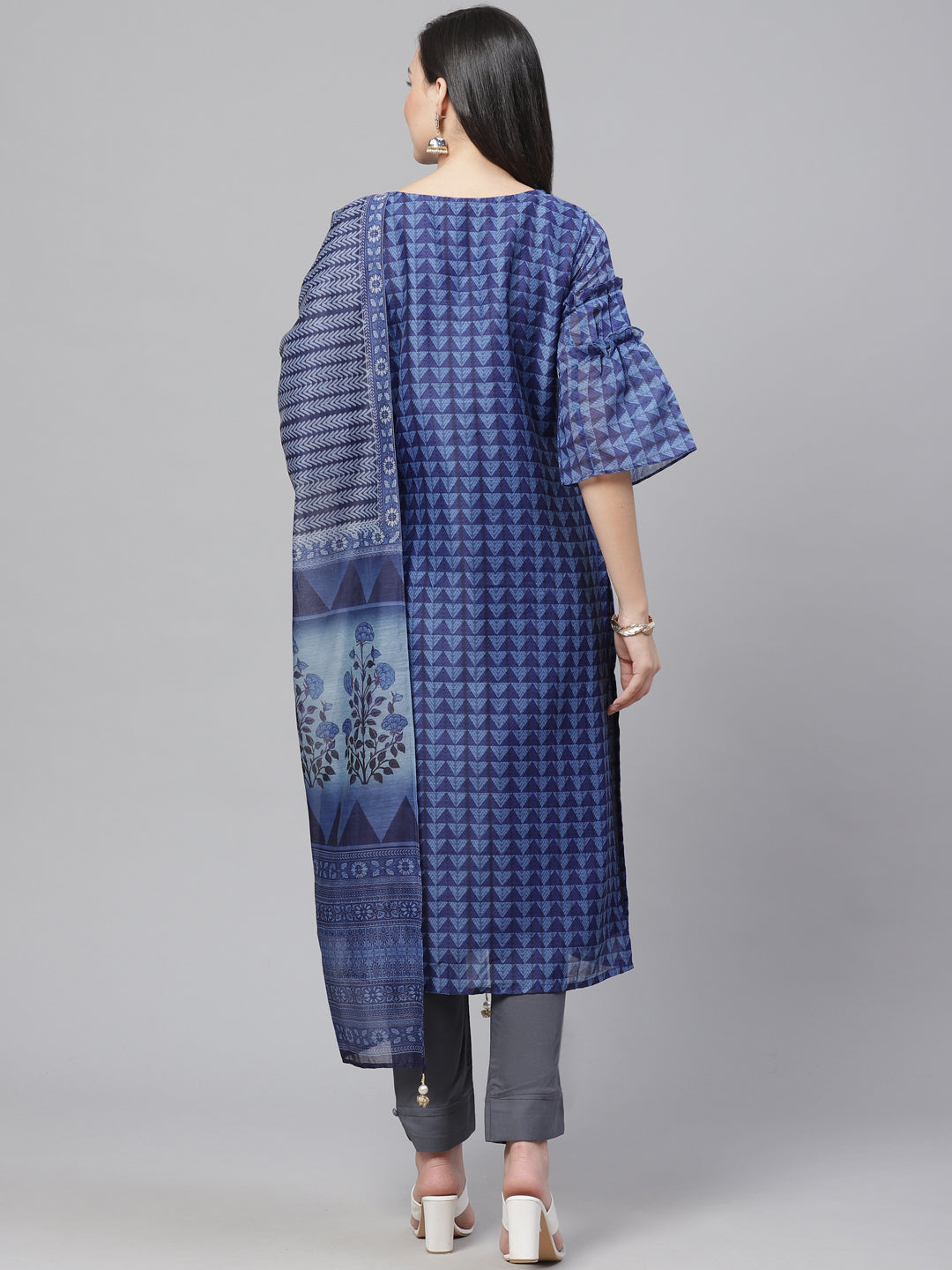 Chanderi Silk Stitched Suit with Digital Indigo & Indie Print with Maheshwari Dupatta