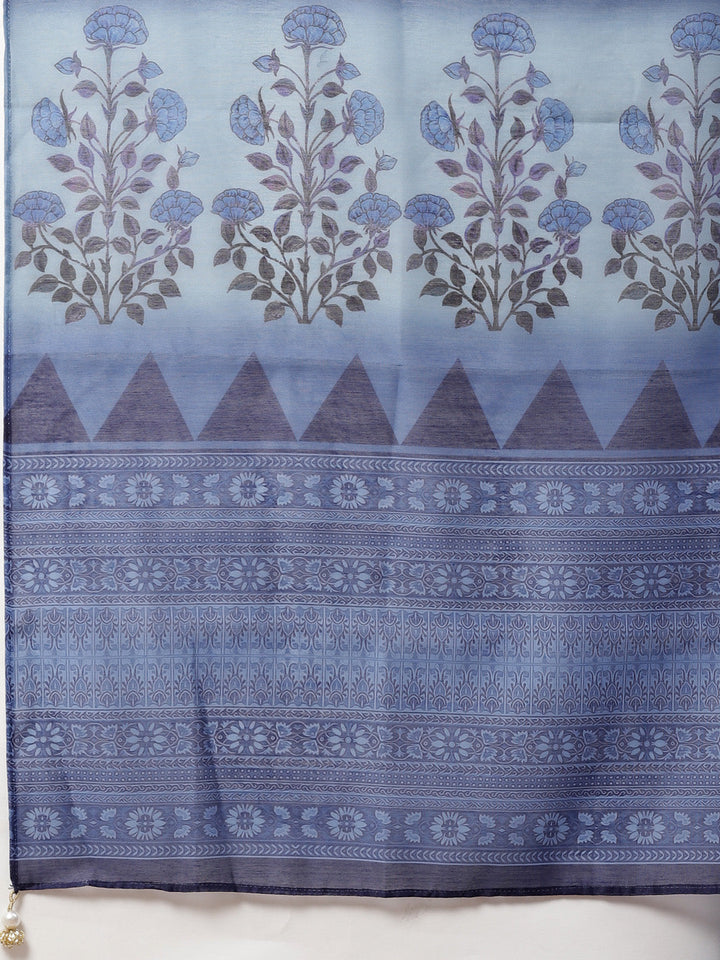Chanderi Silk Dress Material with Digital Indigo & Indie Print with Maheshwari Dupatta