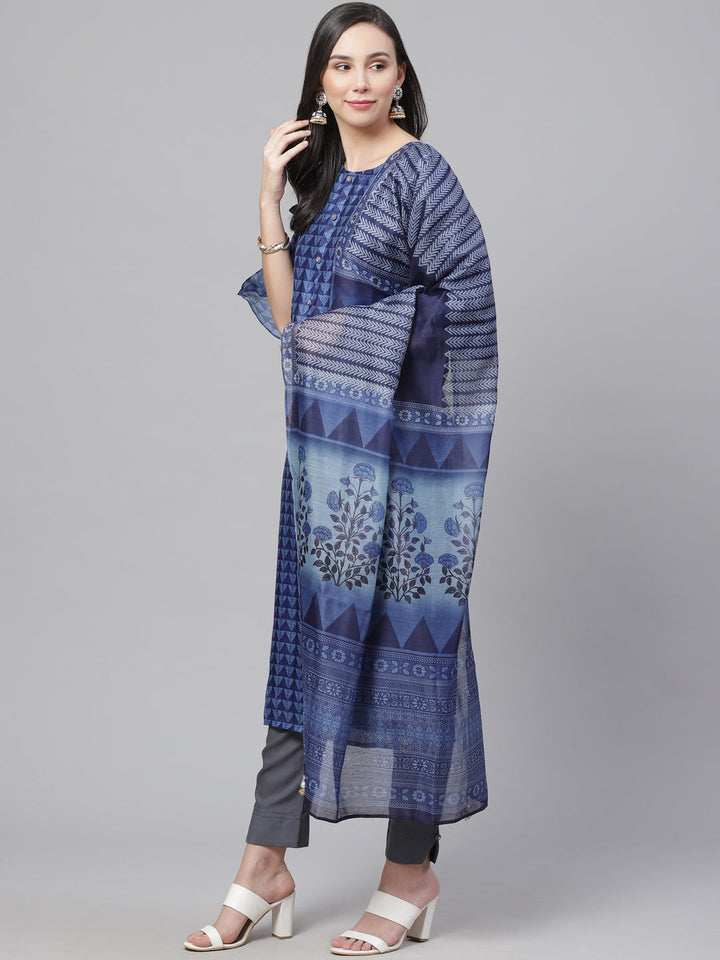 Chanderi Silk Dress Material with Digital Indigo & Indie Print with Maheshwari Dupatta