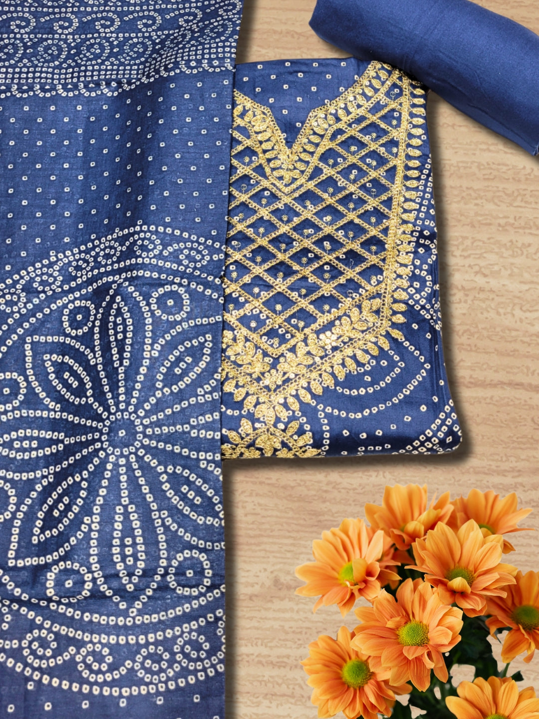 Bandhanl Print Dress Material with Zari Embroidered Neckline & Contrast Cream kurta