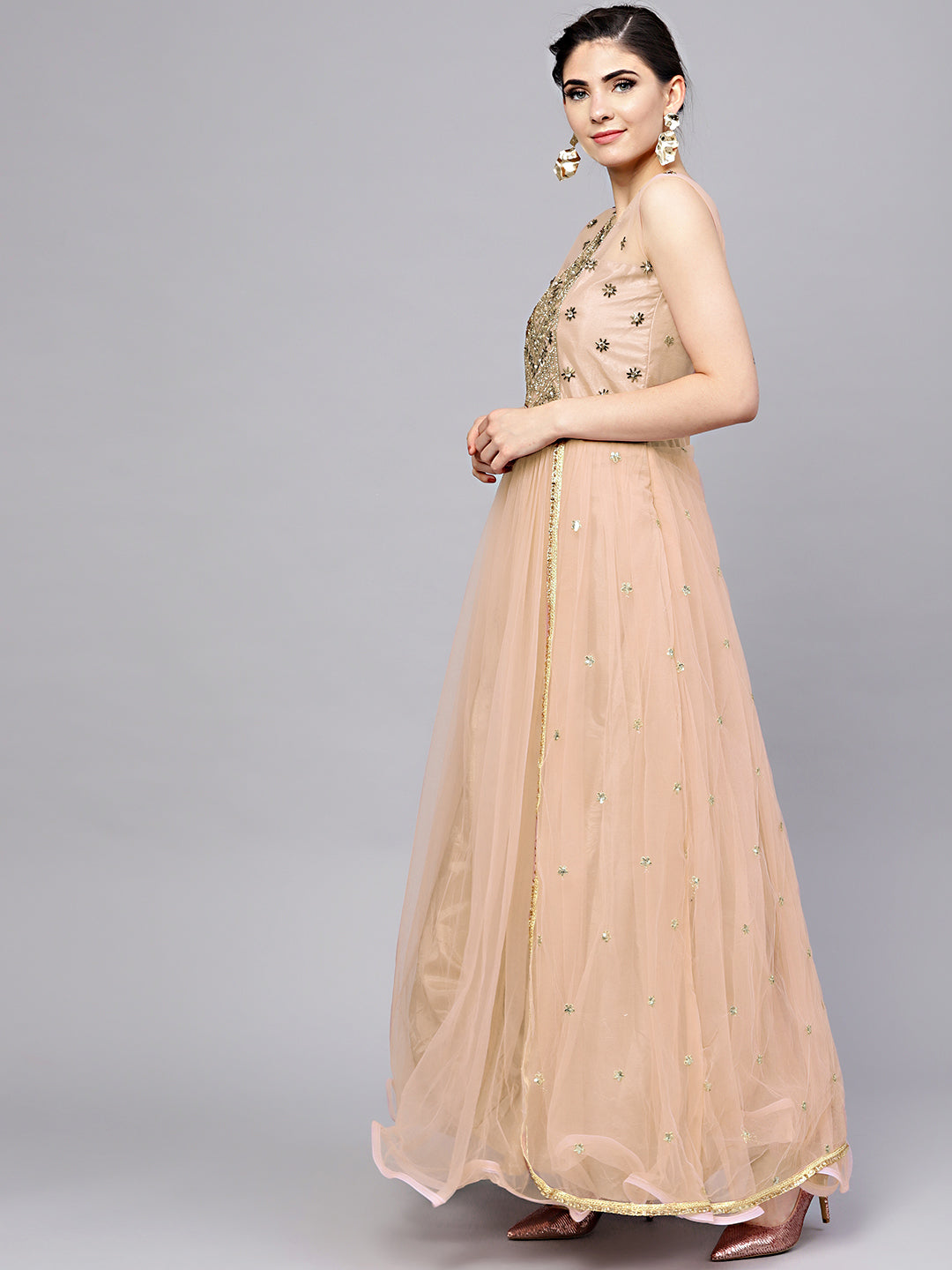 Made-to-measure Gold Layered Gown with Crystal Zari Embroidery and Dupatta