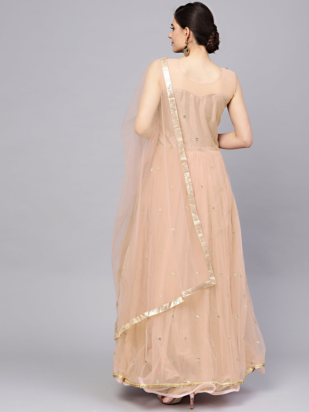 Made-to-measure Gold Layered Gown with Crystal Zari Embroidery and Dupatta