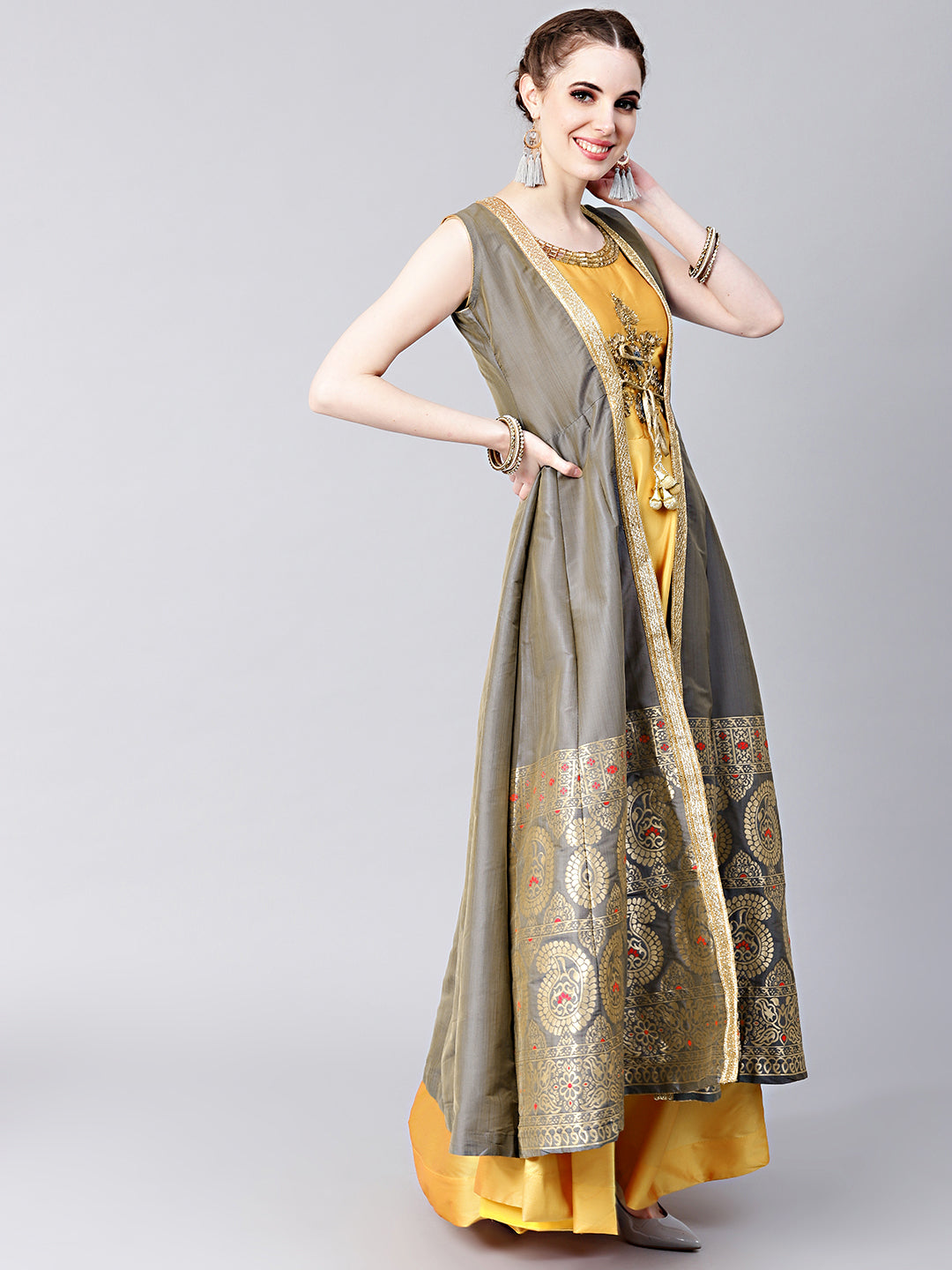 Floor-length Kurta Set with Handloom Banarasi Silk Jacket