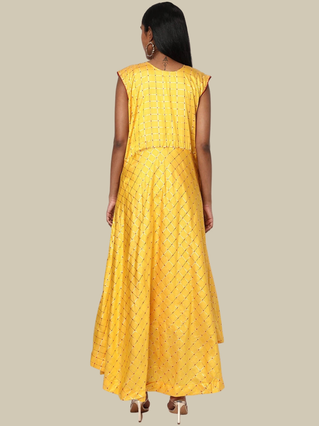 Yellow Checked Chanderi Anarkali Kurta With Banarasi Brocade Dupatta