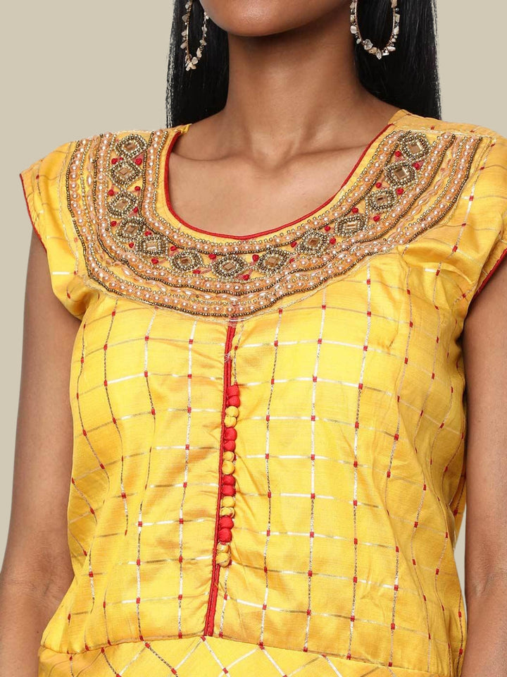Yellow Checked Chanderi Anarkali Kurta With Banarasi Brocade Dupatta