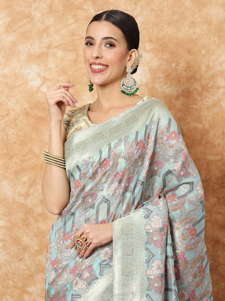 Chhabra 555 Ice Blue Banarasi Handloom Rangkat Saree with Multicolor Resham Floral weaves 