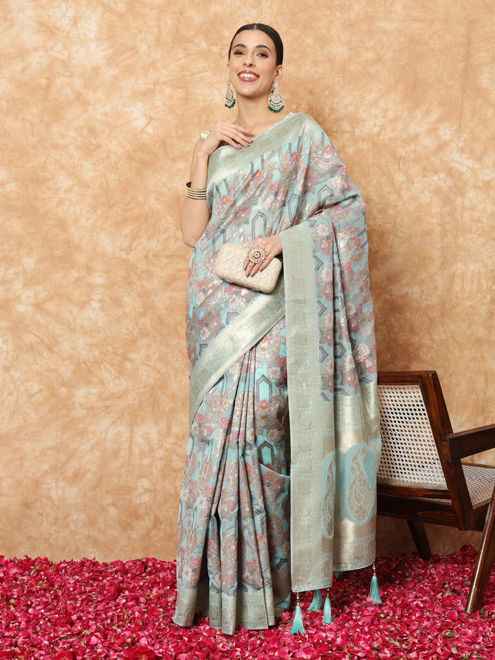 Ice Blue Banarasi Handloom Rangkat Saree with Resham Floral weaves