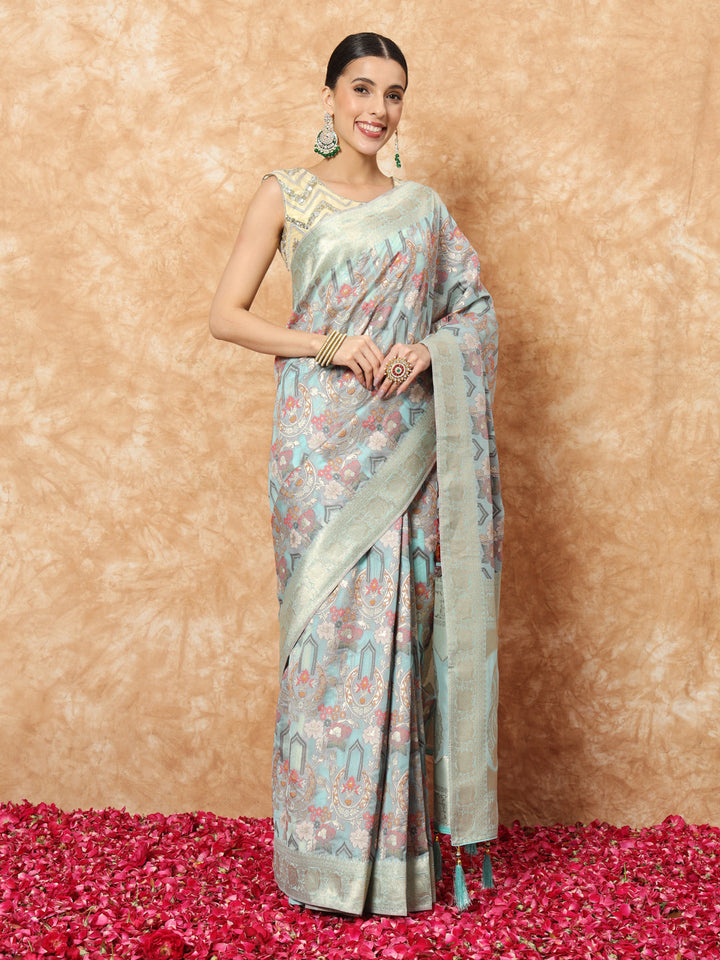 Ice Blue Banarasi Handloom Rangkat Saree with Resham Floral weaves