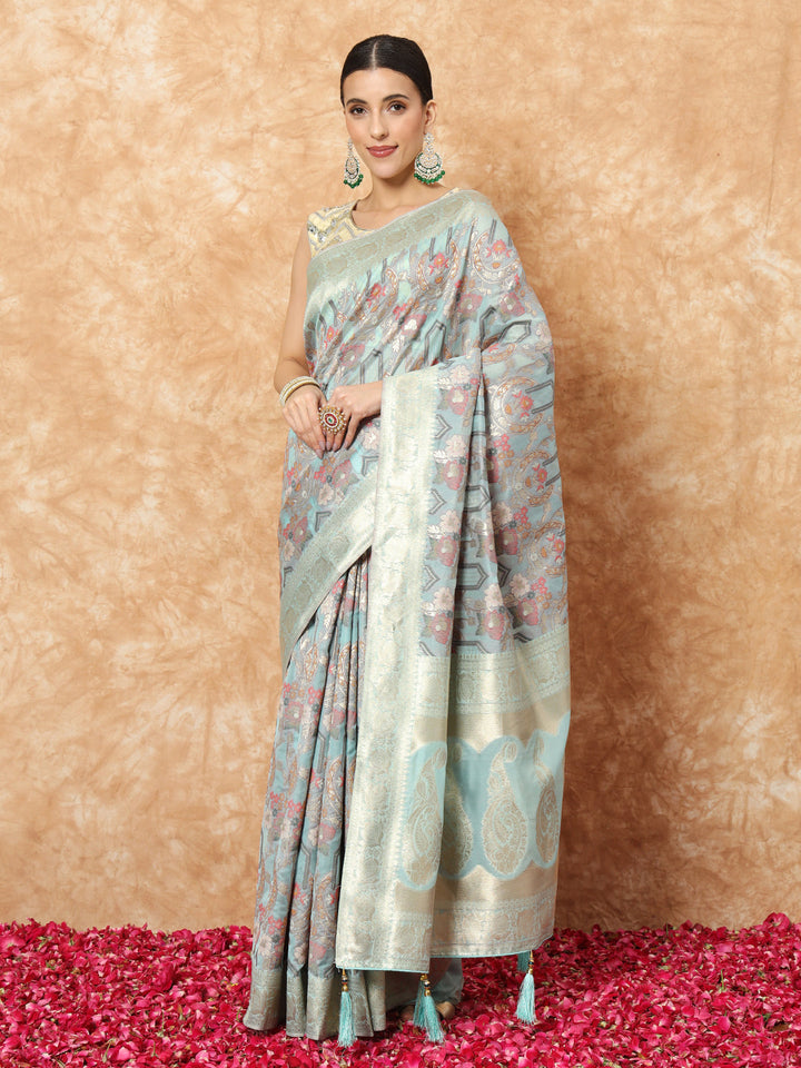 Ice Blue Banarasi Handloom Rangkat Saree with Resham Floral weaves