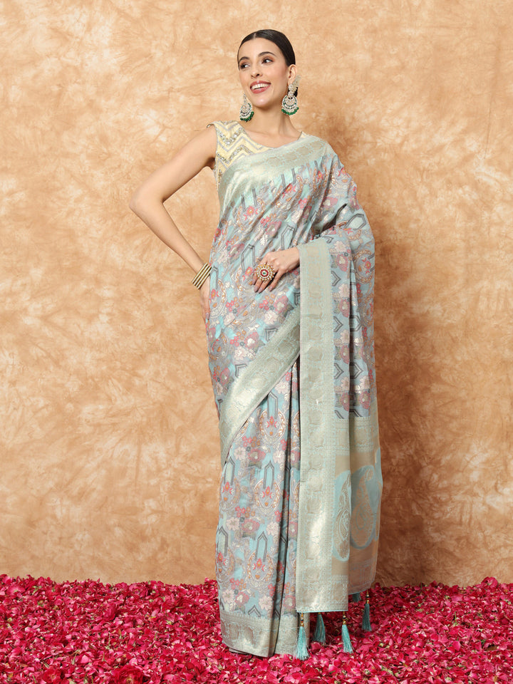 Ice Blue Banarasi Handloom Rangkat Saree with Resham Floral weaves
