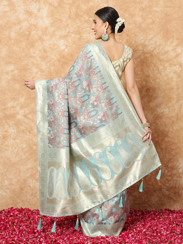 Ice Blue Banarasi Handloom Rangkat Saree with Resham Floral weaves