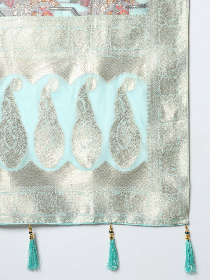 Ice Blue Banarasi Handloom Rangkat Saree with Resham Floral weaves