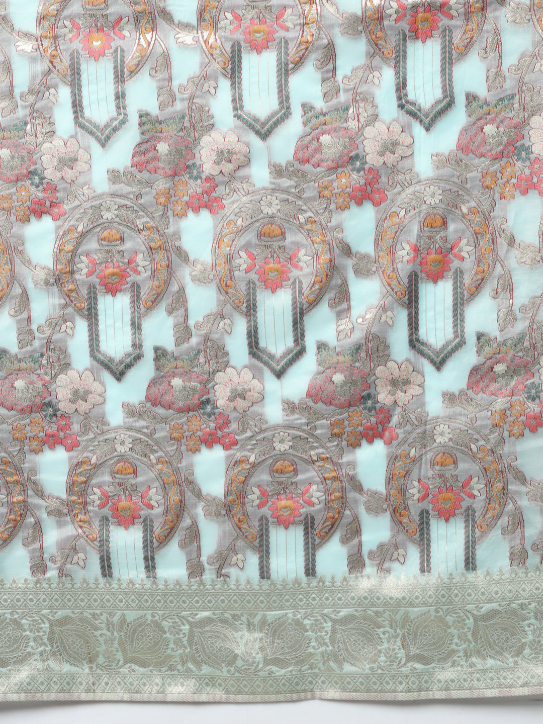 Ice Blue Banarasi Handloom Rangkat Saree with Resham Floral weaves